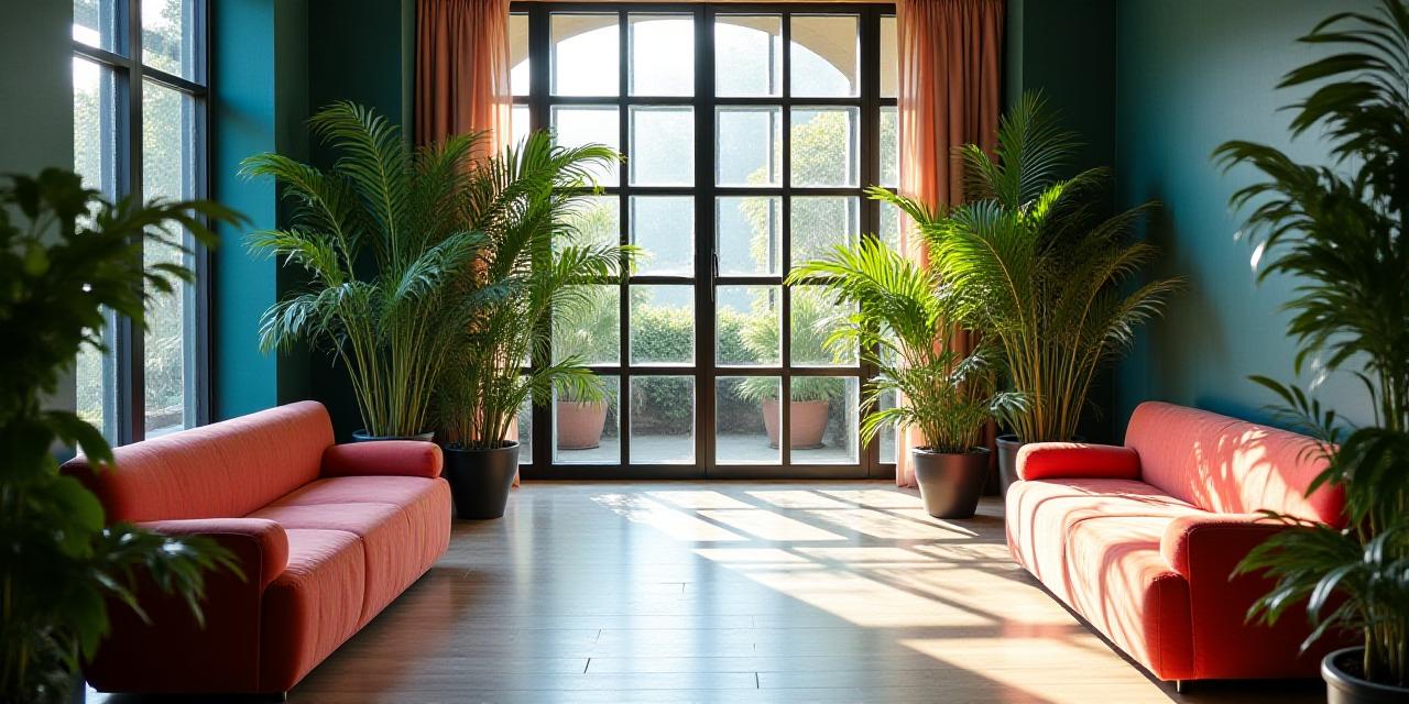 Lush boutique hotel lobby with floral arrangements